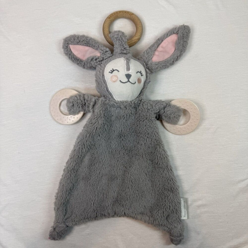 Bella Tunno Happy Sidekick Bunny Rabbit Security Lovey Gray Blanket Lovey Rattle